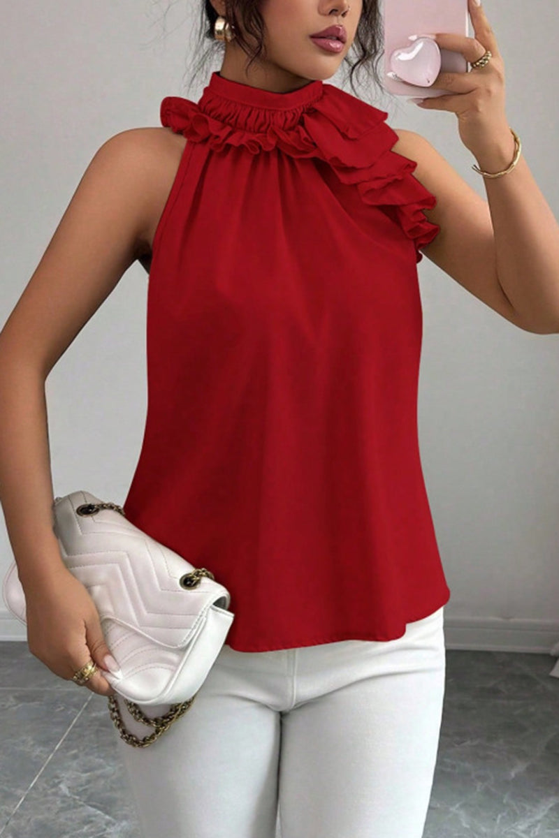 Ruffled High Neck Sleeveless Blouse