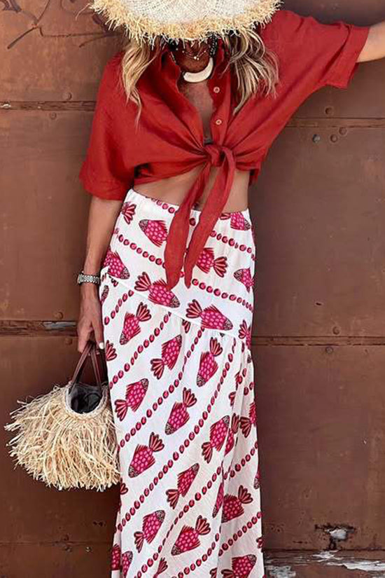 Fish Print Midi Skirt with Patterned Detail