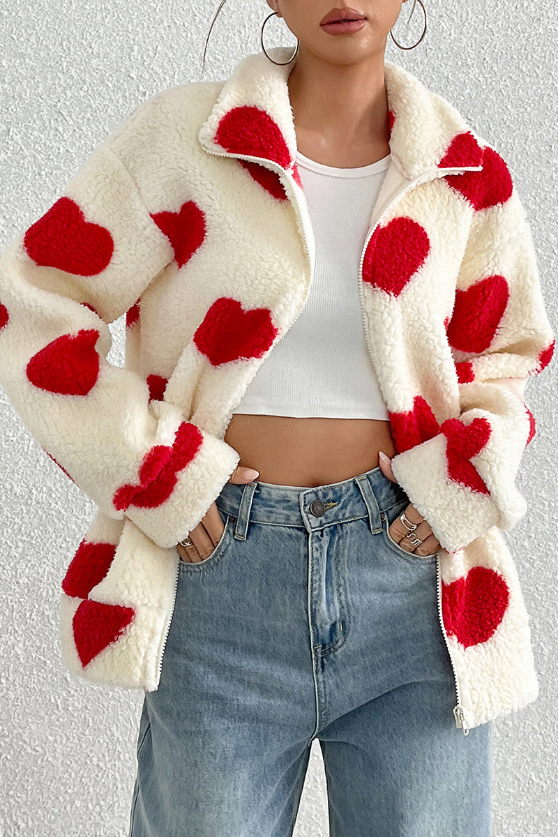 Heart Pattern Zip-Up Fleece Jacket
