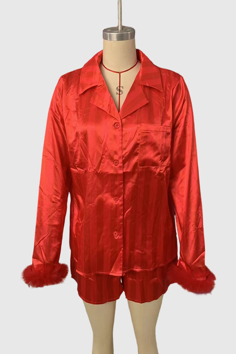Feather Trim Button-Down Loungewear Set