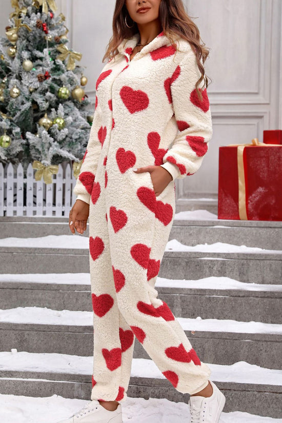 Cozy Heart Pattern Hooded Jumpsuit