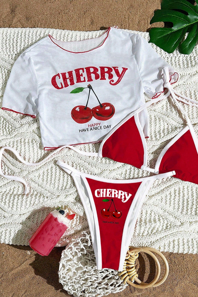 Cherry Print Bikini Set with Cover-Up