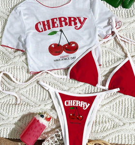 Cherry Print Bikini Set with Cover-Up