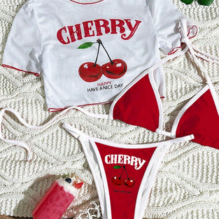 Cherry Print Bikini Set with Cover-Up