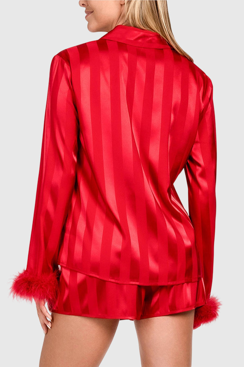 Feather Trim Button-Down Loungewear Set
