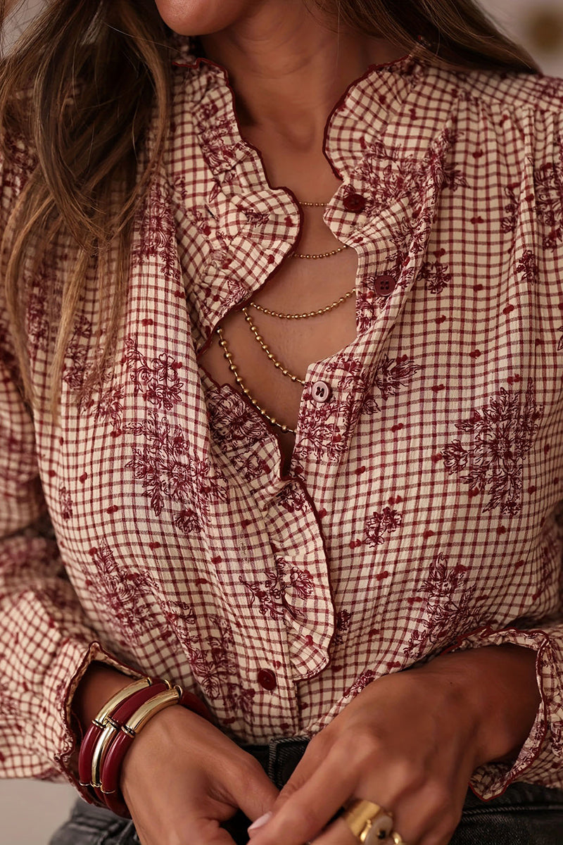 Checkered Print Ruffle Blouse