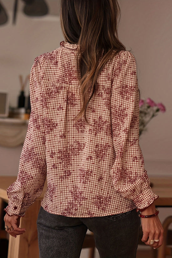 Checkered Print Ruffle Blouse