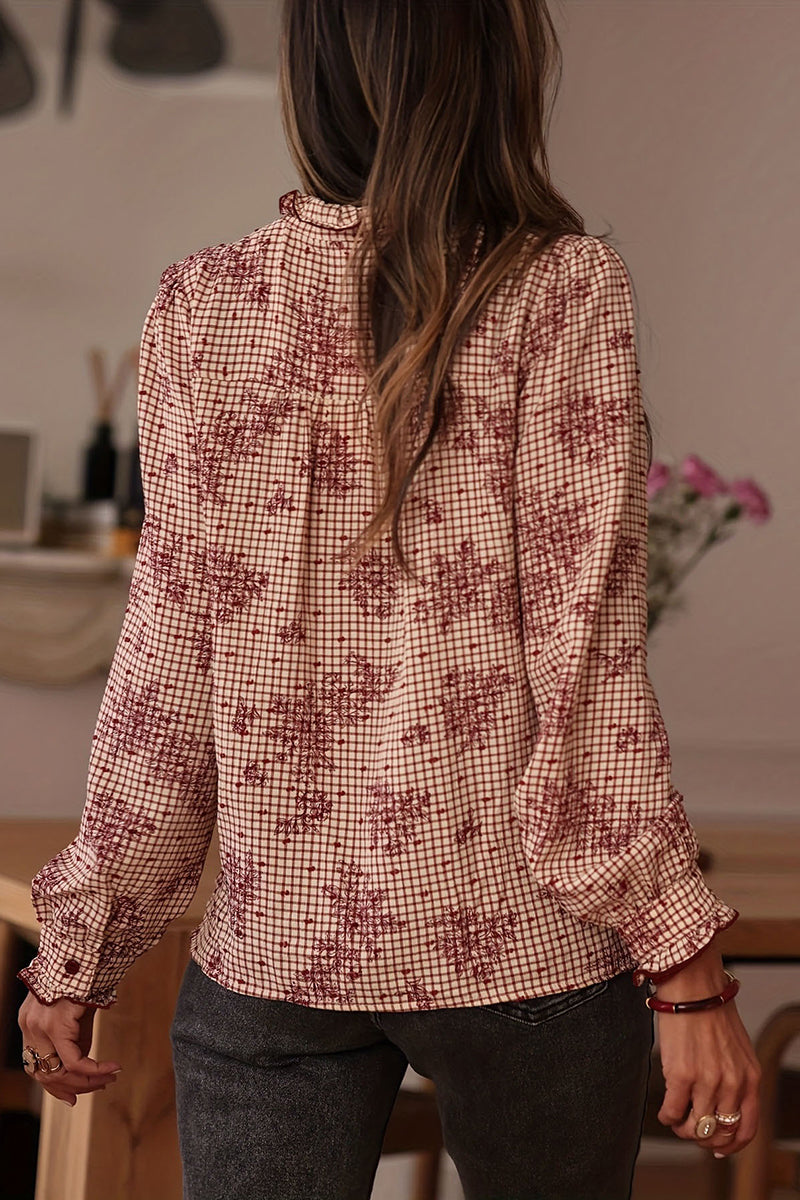 Checkered Print Ruffle Blouse