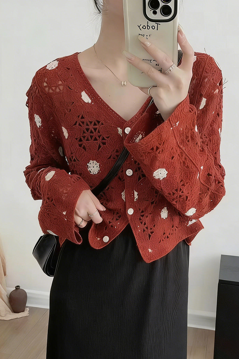 Button-Up Crochet Cardigan with Cut-Outs