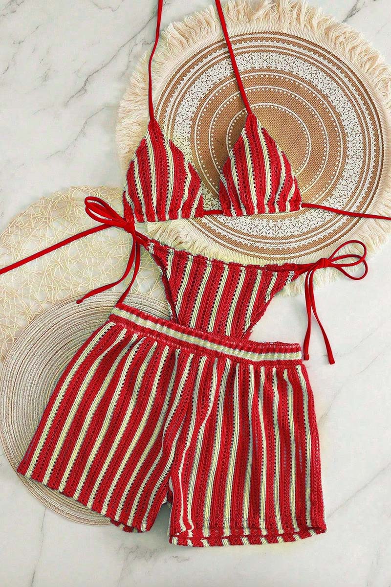 Striped Bikini Set with Stylish Cover-Up
