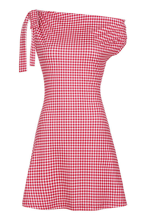 Gingham One-Shoulder Casual Dress