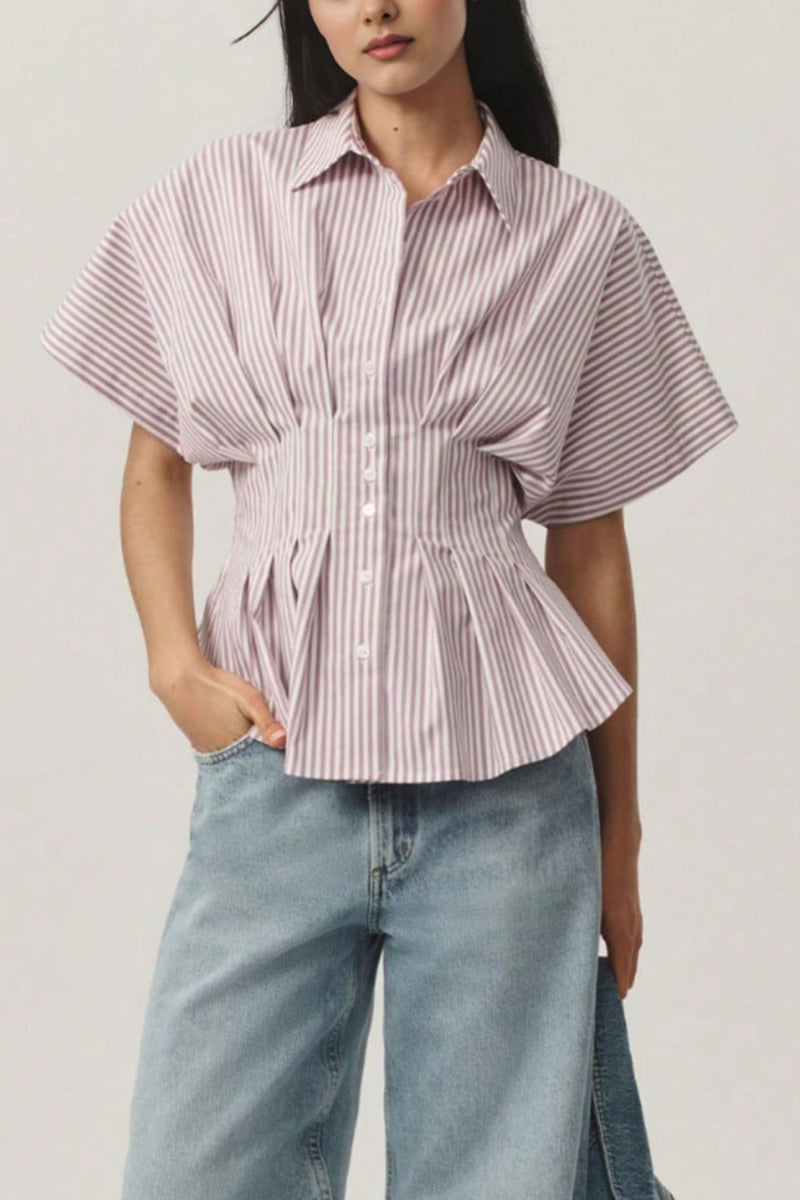 Striped Pleated Button-Up Blouse