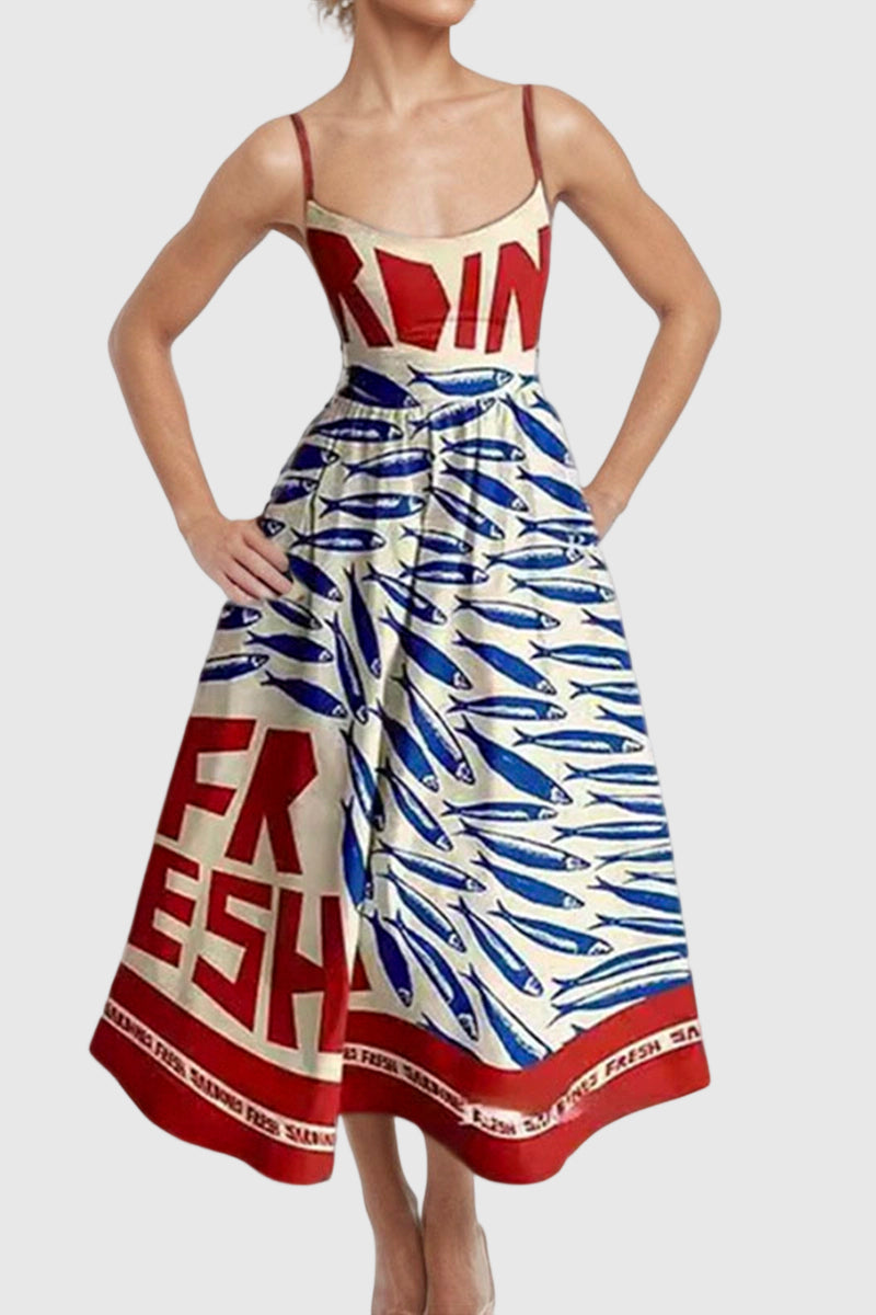 Fish Print Spaghetti Strap Midi Dress