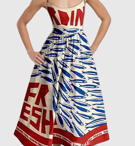 Fish Print Spaghetti Strap Midi Dress