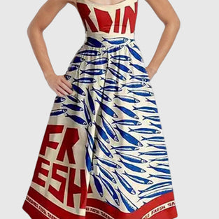 Fish Print Spaghetti Strap Midi Dress