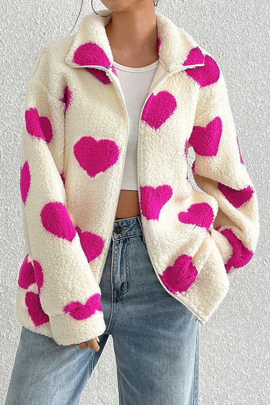 Heart Patterned Cozy Zip-Up Coat