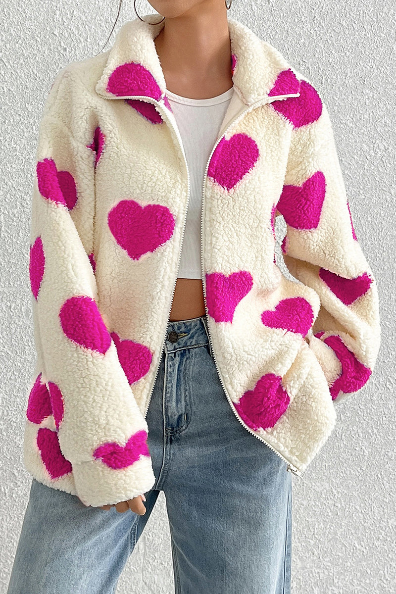 Heart Patterned Cozy Zip-Up Coat