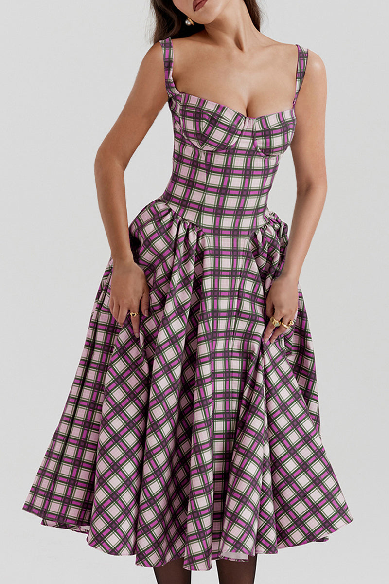 Elegant Sleeveless Plaid Midi Casual Dress