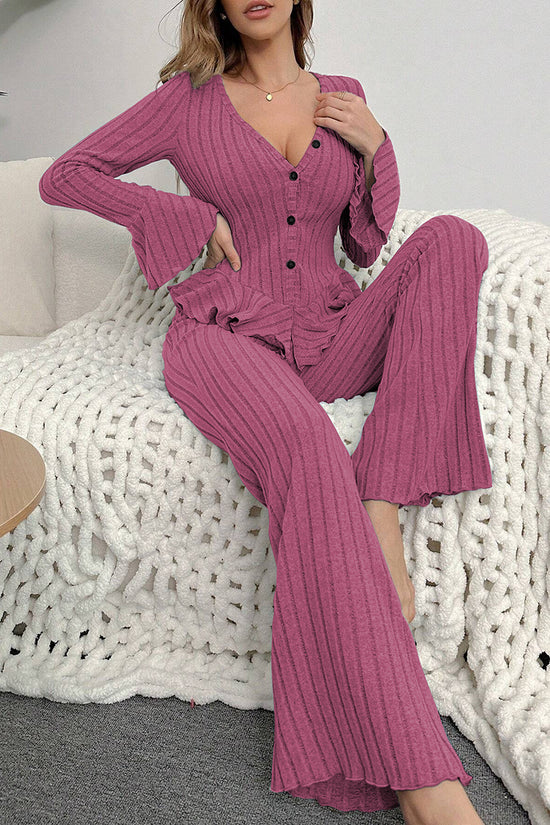 Ribbed Knit Long Sleeve Loungewear Set