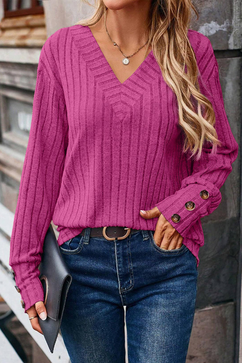 V-Neck Button Sleeve Ribbed Knit Top