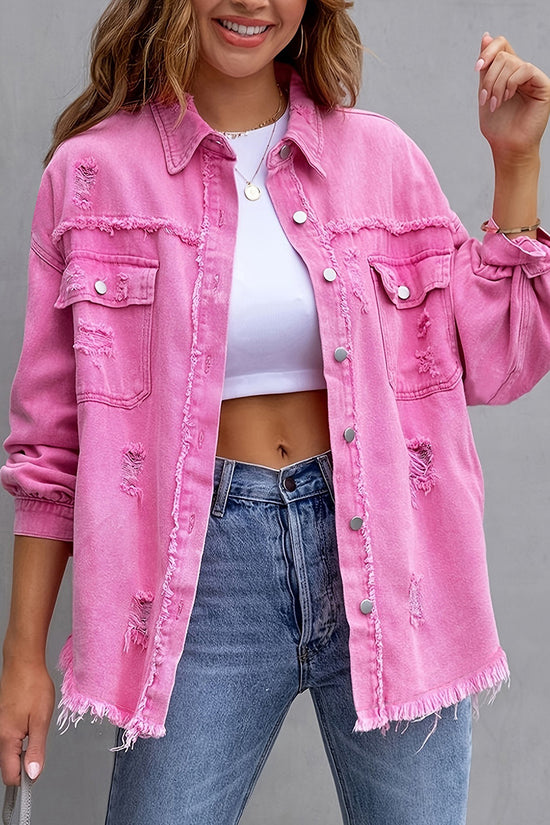 Distressed Denim Jacket with Frayed Hem