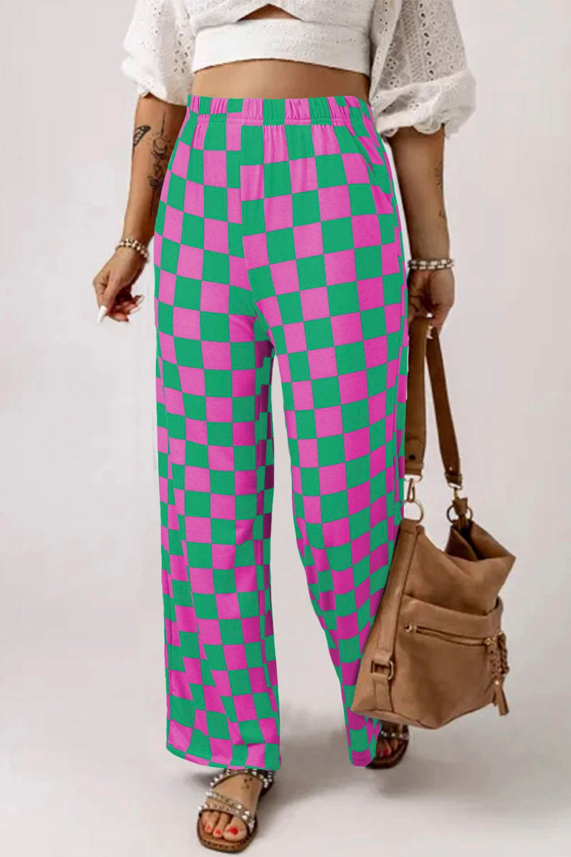 Checker Pattern Wide-Leg Casual Pants