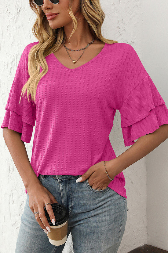 Ruffle Sleeve V-Neck T-Shirt