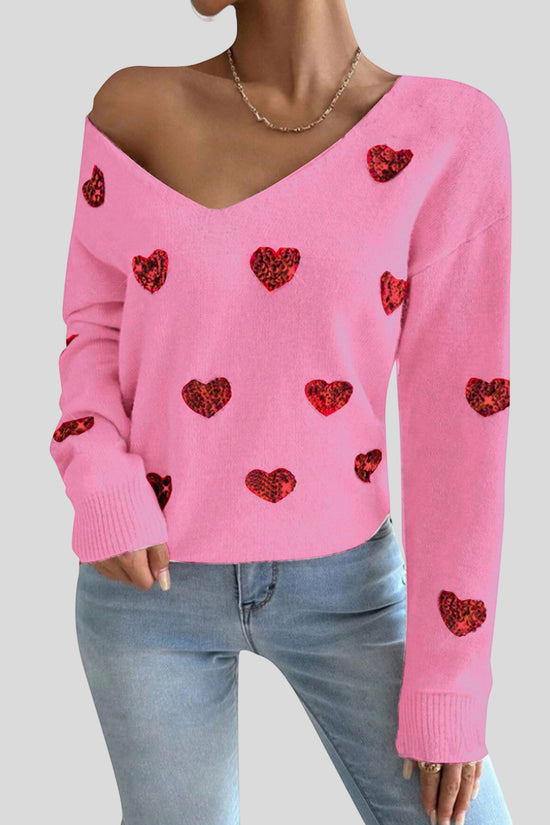 Heart Pattern V-Neck Sweater