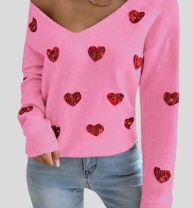 Heart Pattern V-Neck Sweater