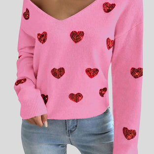 Heart Pattern V-Neck Sweater