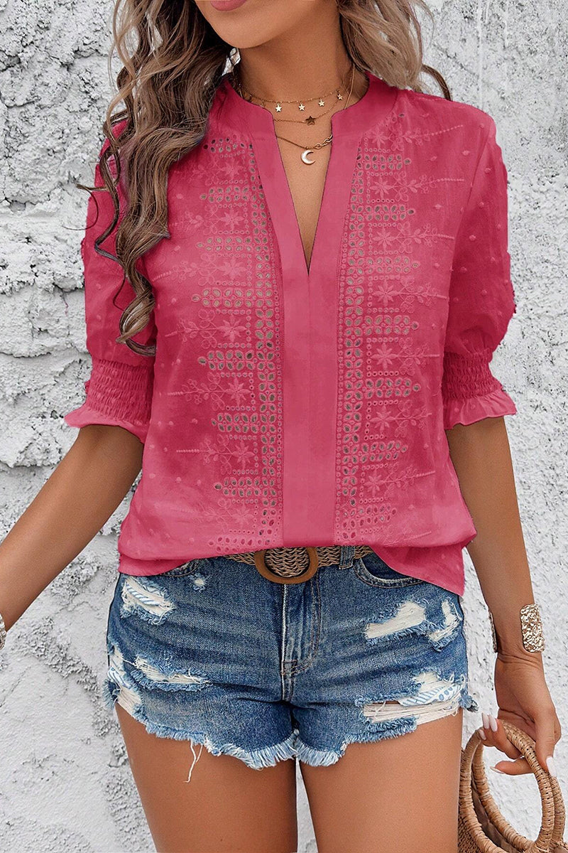 Elegant Eyelet V-Neck Blouse