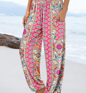 Boho Print Elastic Waist Casual Pants