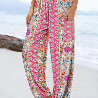 Boho Print Elastic Waist Casual Pants
