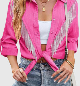 Fringe Embellished Button-Up Blouse