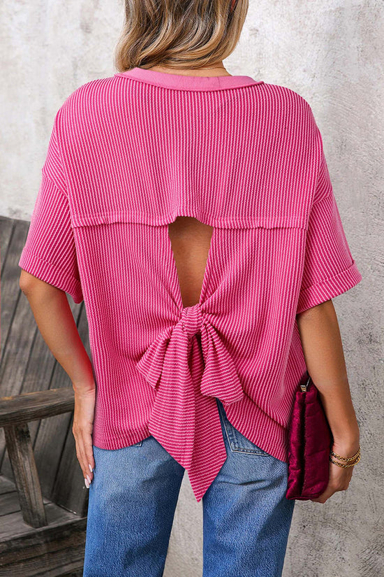 Spiral Ribbed Cutout Bow Knot Back T-Shirt