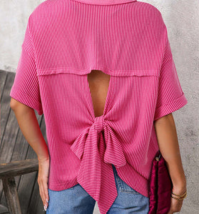 Spiral Ribbed Cutout Bow Knot Back T-Shirt