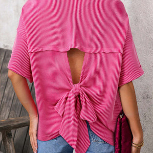 Spiral Ribbed Cutout Bow Knot Back T-Shirt