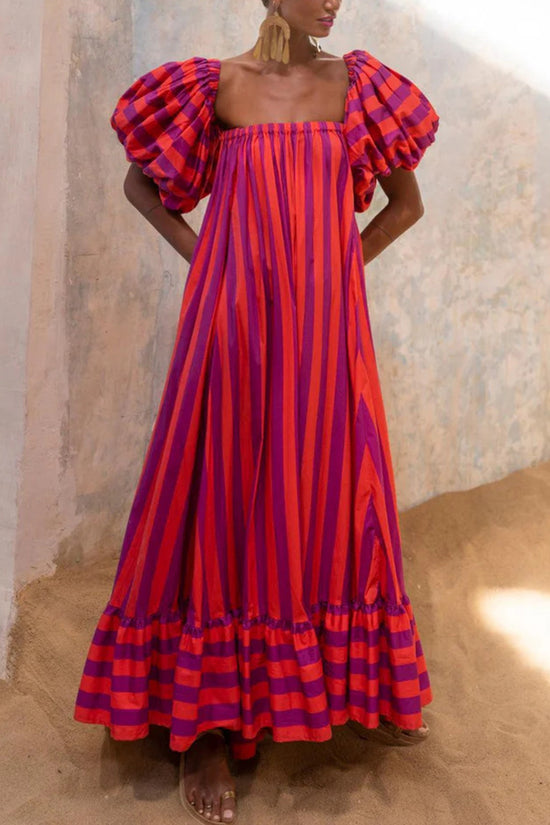 Striped Puff Sleeve Casual Dress