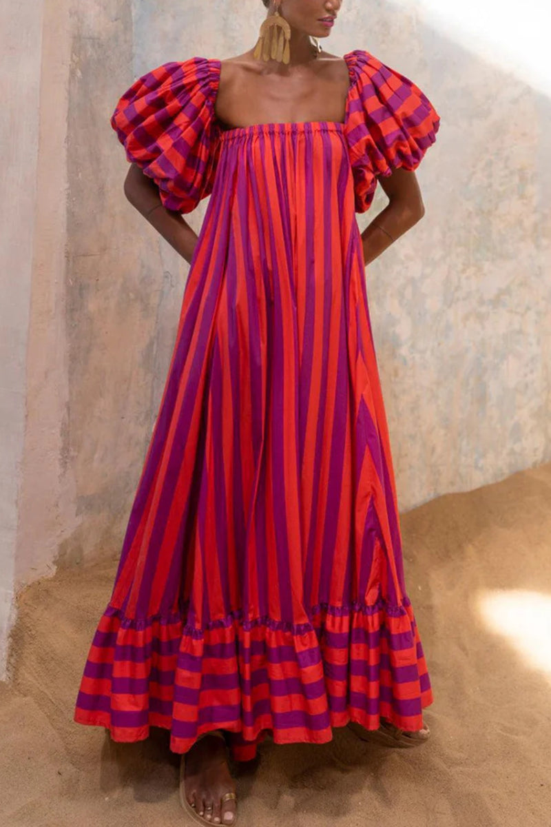 Striped Puff Sleeve Casual Dress