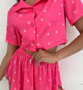 Heart Print Short Sleeve Pajama Set