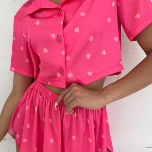 Heart Print Short Sleeve Pajama Set