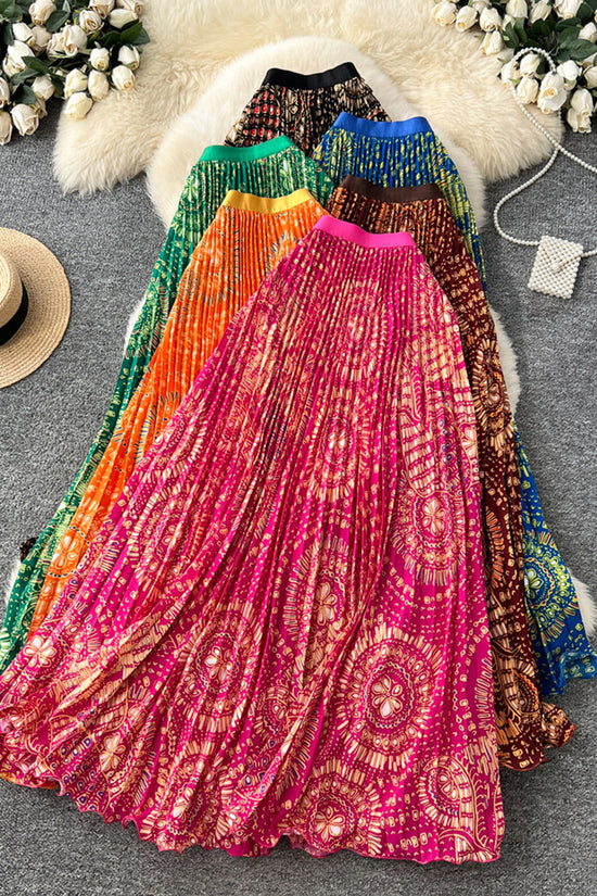 Vibrant Patterned Pleated Midi Skirt