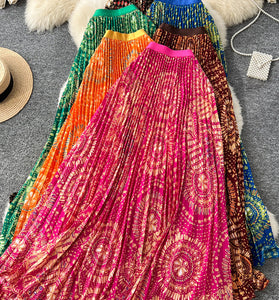 Vibrant Patterned Pleated Midi Skirt