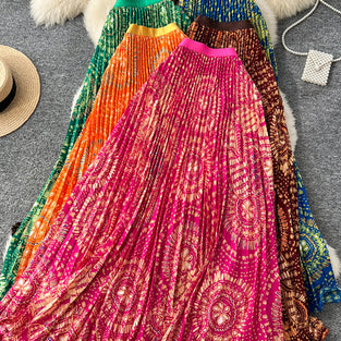 Vibrant Patterned Pleated Midi Skirt