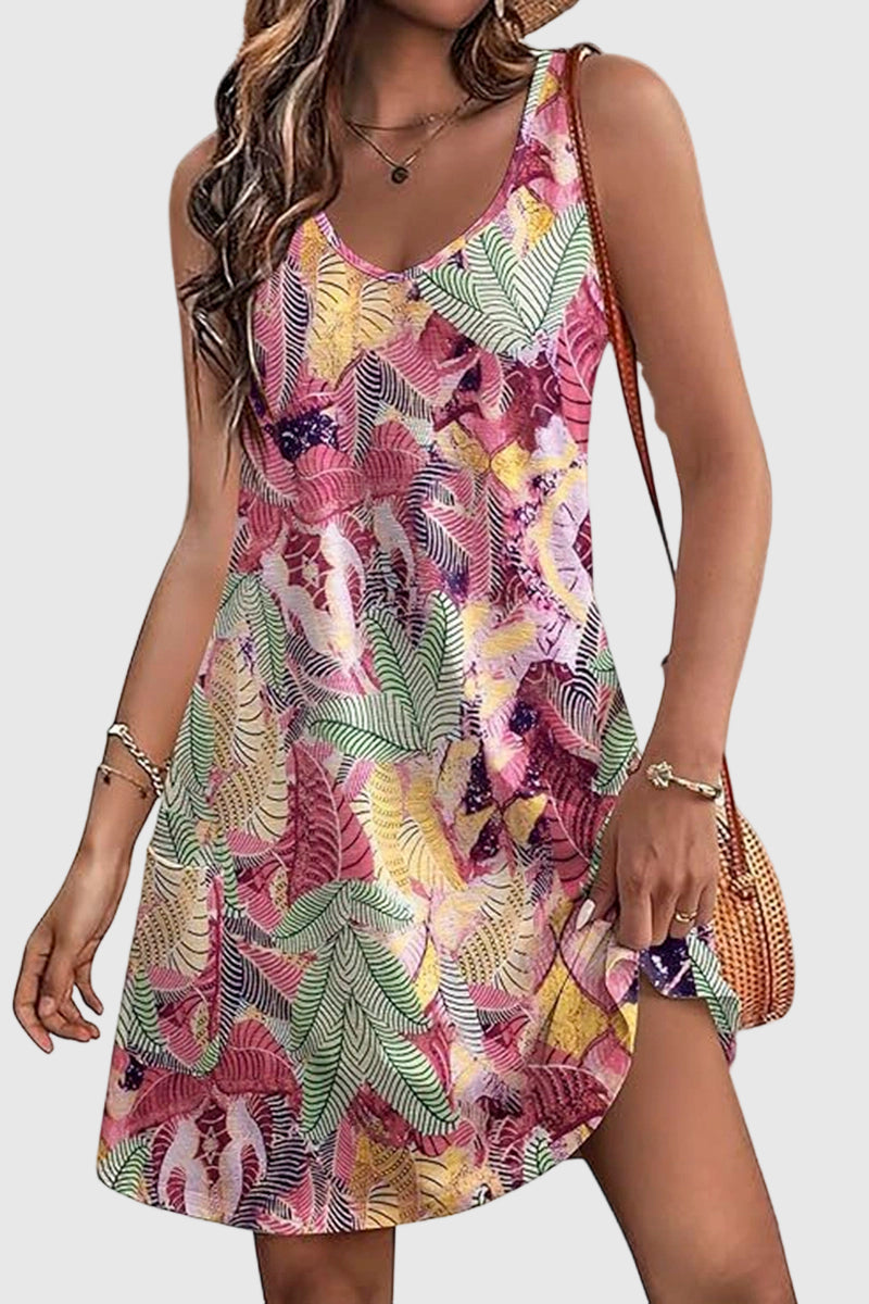 Sleeveless Leaf Print Casual Dress