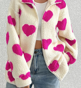 Heart Patterned Cozy Zip-Up Coat