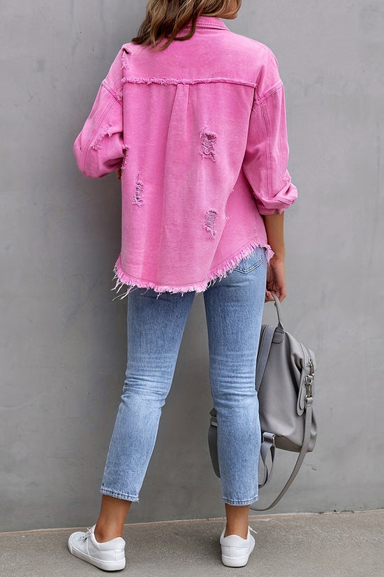 Distressed Denim Jacket with Frayed Hem