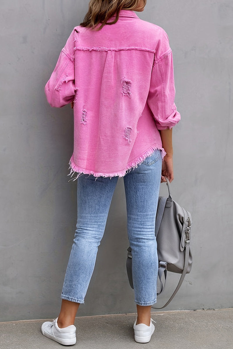 Distressed Denim Jacket with Frayed Hem