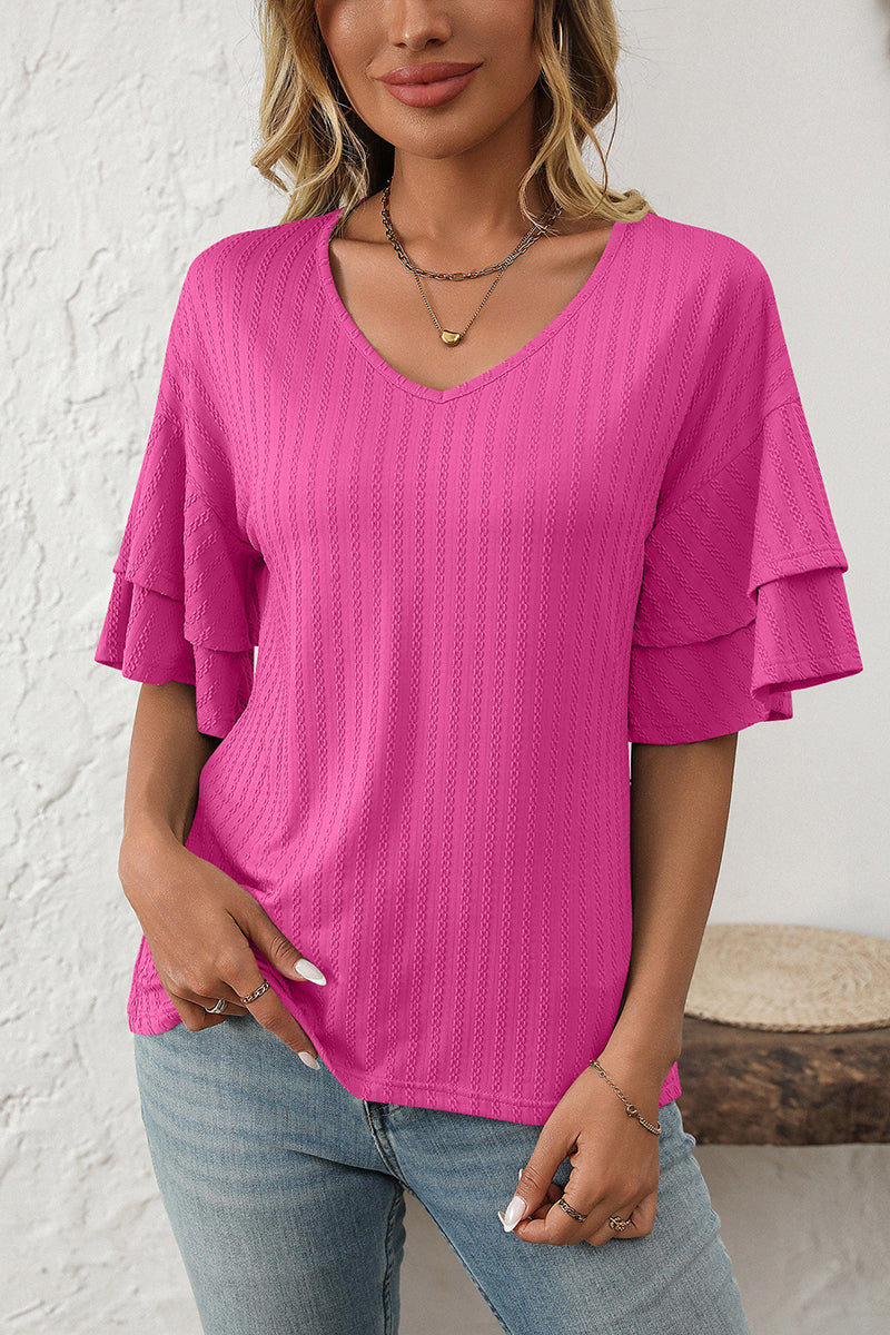 Ruffle Sleeve V-Neck T-Shirt