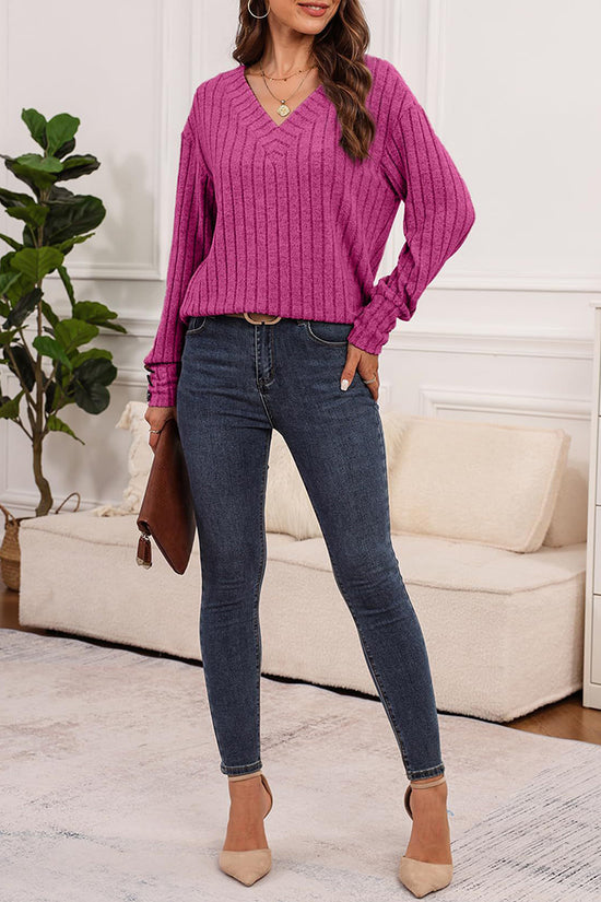 V-Neck Button Sleeve Ribbed Knit Top
